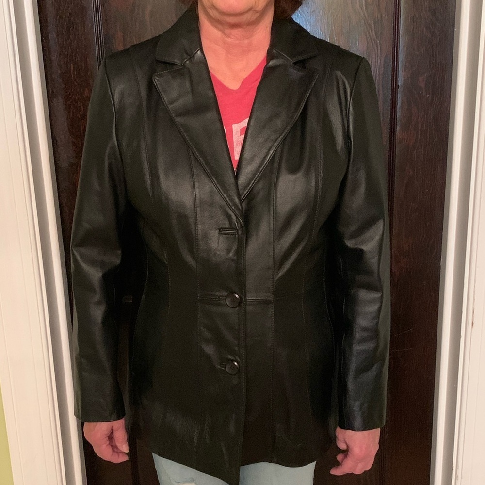 Women’s Worthington Black Leather Blazer With Maroon Lining | Size Large